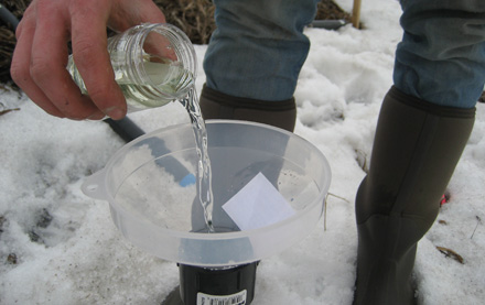 Dye poured into subsurface well to trace snowmelt