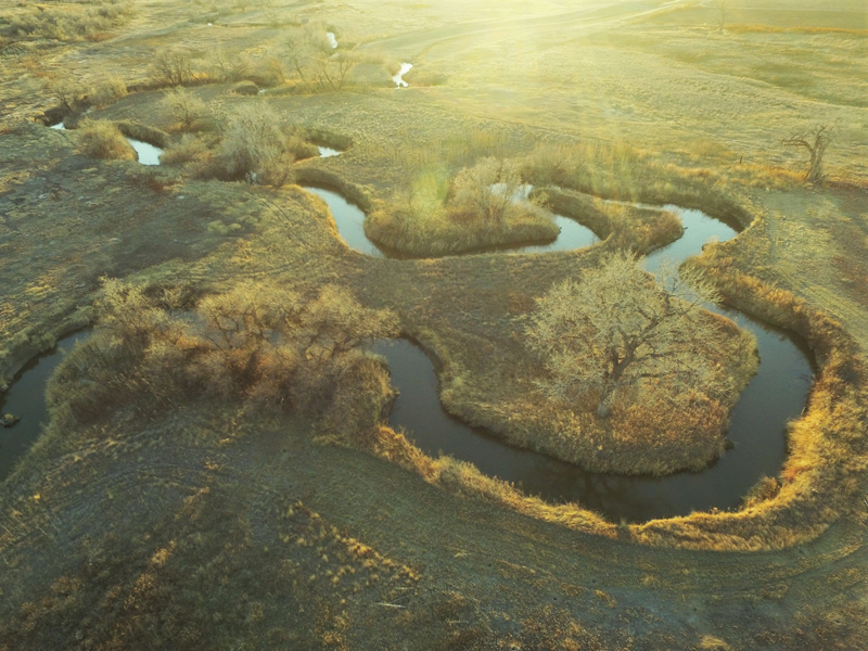 Aerial view of winding stream