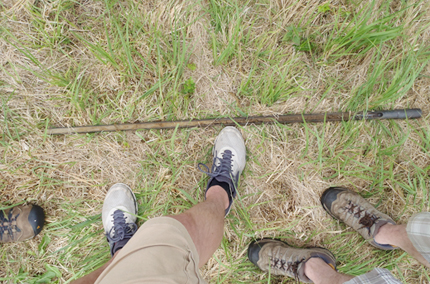 In this photo from above, 3 pairs of feet line are next to a soil core sample that's laid out on the grass. 