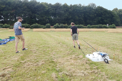 Two researchers, viewed from behind, in a grassy field. The researcher on the right is pulling a short, white device across the ground, and the one of the left is holding a computer tablet.