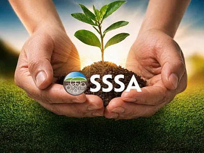 Hands holding soil with SSSA Logo
